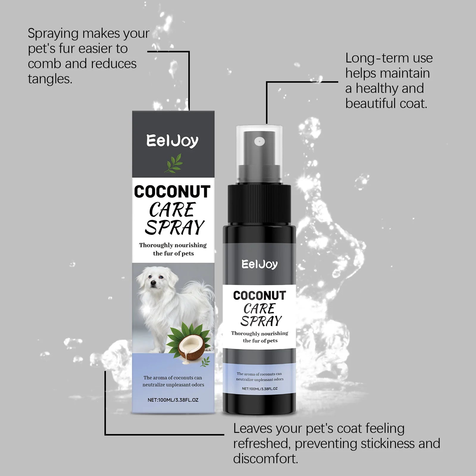 Spray al Cocco Cura Pelo per Cani e Gatti – 100ml, Nutre, Lucida ed Elimina Odori