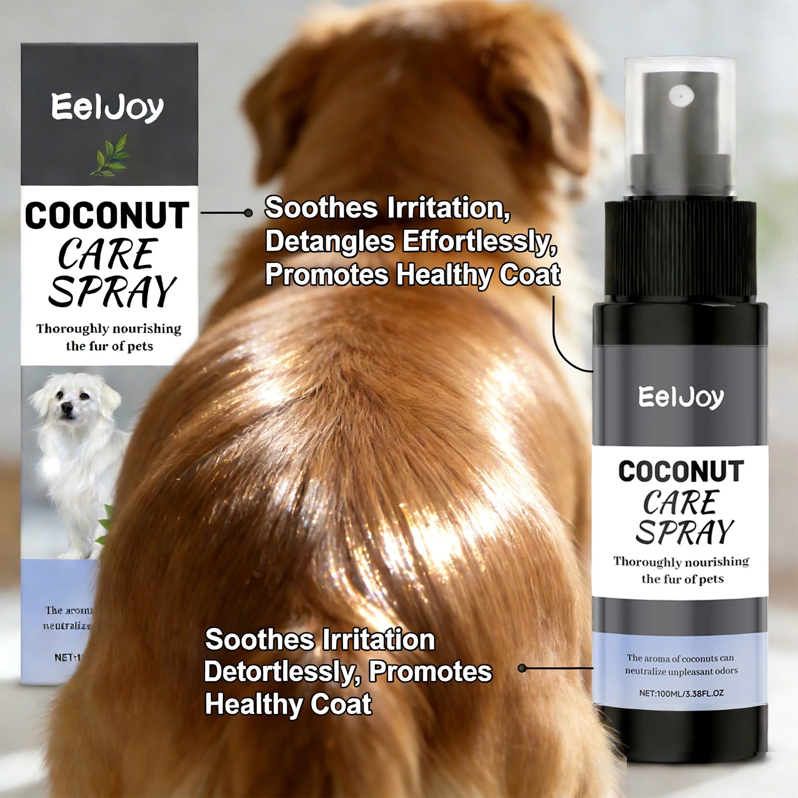 Spray al Cocco Cura Pelo per Cani e Gatti – 100ml, Nutre, Lucida ed Elimina Odori