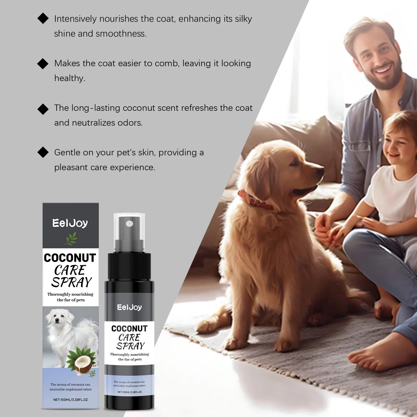 Spray al Cocco Cura Pelo per Cani e Gatti – 100ml, Nutre, Lucida ed Elimina Odori
