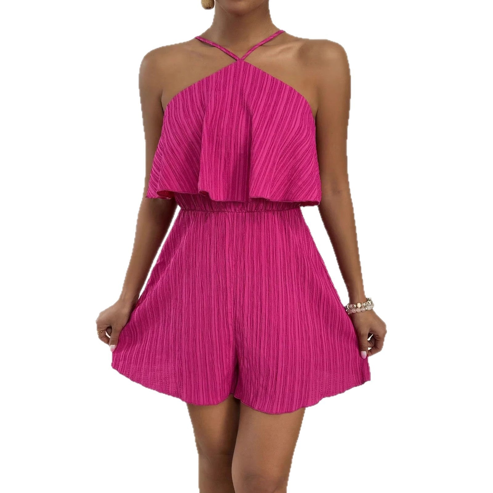 Crinkled Halter Neck Ruffled Jumpsuit Women's One Piece Summer Outfit With Flared Legs And Lightweight Breathable Design - FRAMOShopAbbigliamento donna FRAMOShopLApricotCJYD273139908HS