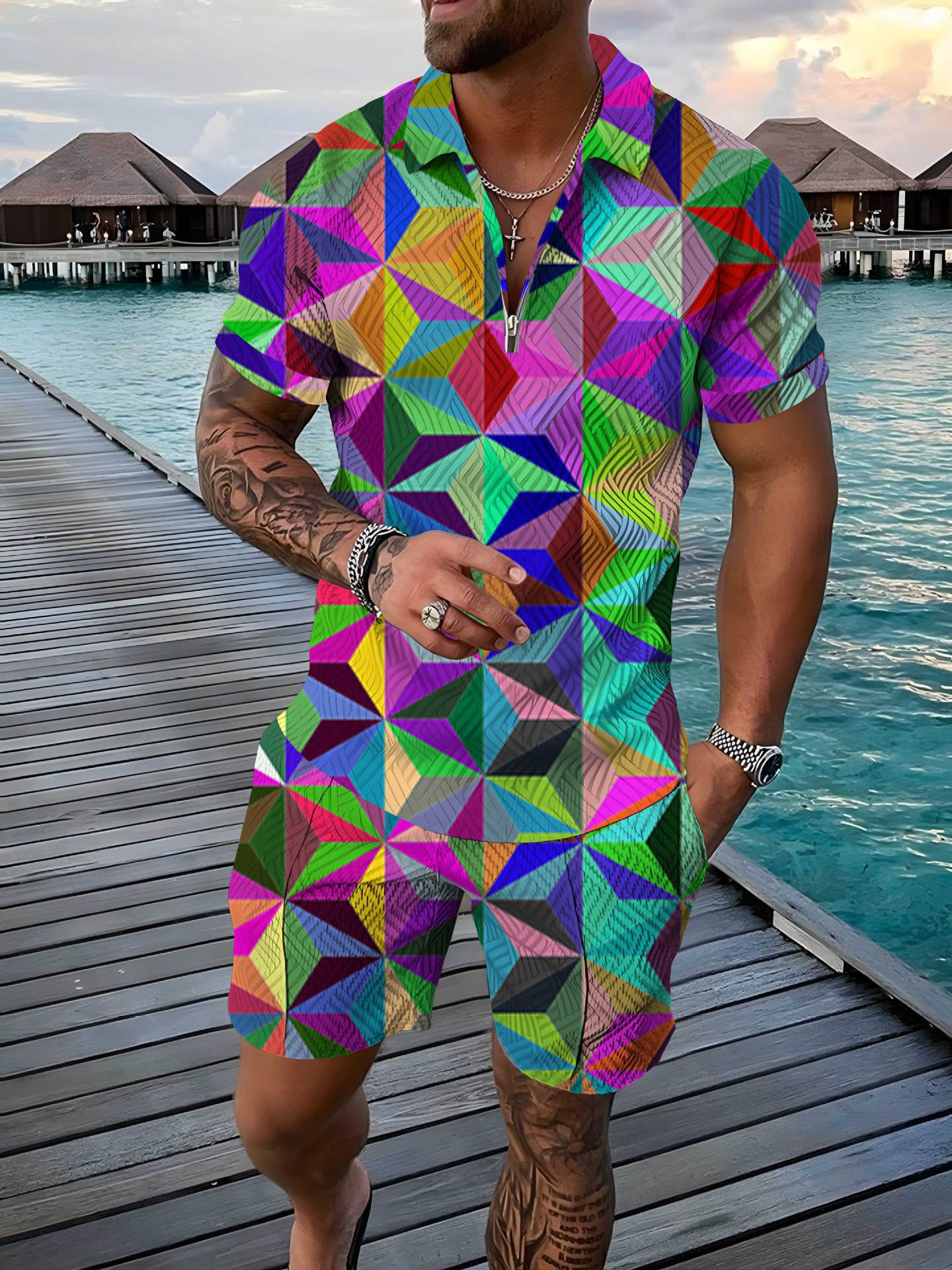 Men's Polo Shirt Summer Fashion 3D Printed Short Sleeve Geometric Zip Lapel / Polo da uomo estiva alla moda, maniche corte, stampa 3D, motivo geometrico, chiusura con zip - FRAMOShopabbigliamento uomo FRAMOShopCHJCSJH723XLCJTW295173494PK