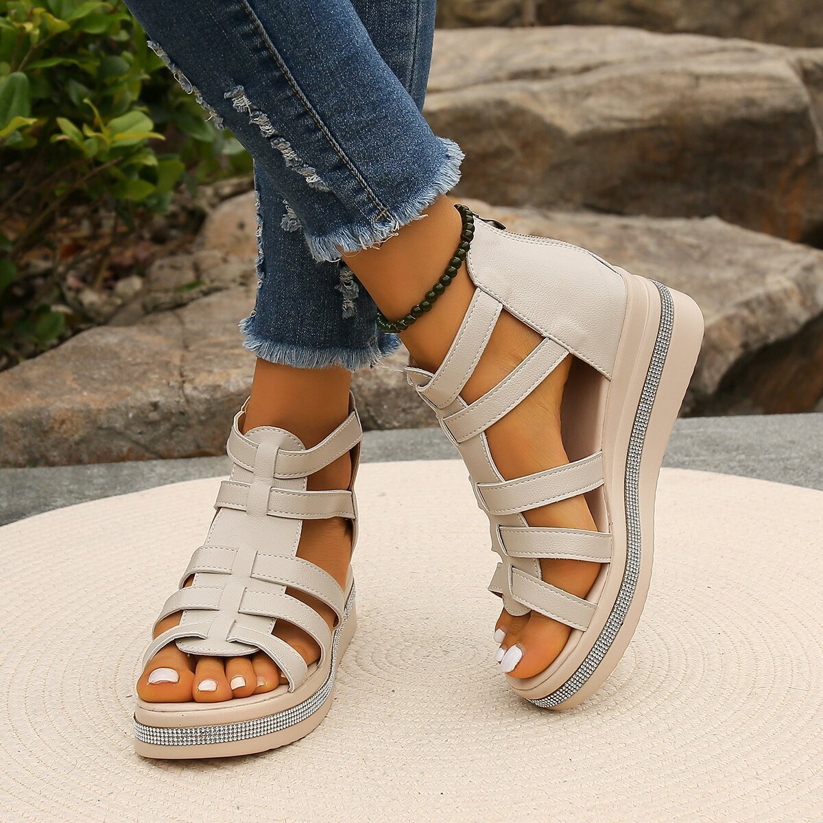 Summer Rhinestone Sandals With Back Zipper Women's Platform Shoes - FRAMOShopcalzature donna FRAMOShopBlack36CJYD207423417QJ