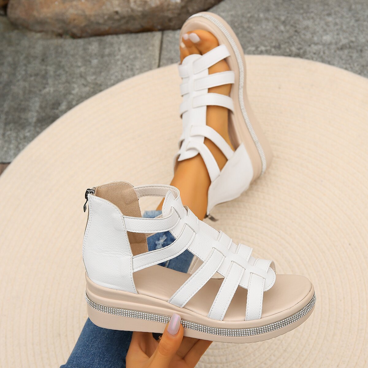 Summer Rhinestone Sandals With Back Zipper Women's Platform Shoes - FRAMOShopcalzature donna FRAMOShopWhite36CJYD207423401AZ